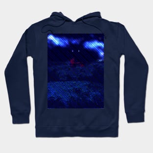 Digital collage and special processing. I am standing in field, and big, dark monster looking on me. Red and blue, blue lines. Hoodie